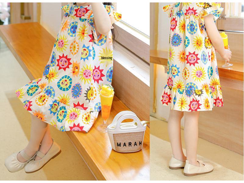 Oujitu Girls' Lace Sleeve Cotton A-line Skirt Dress with Cartoon Print - Spring Children's Clothing