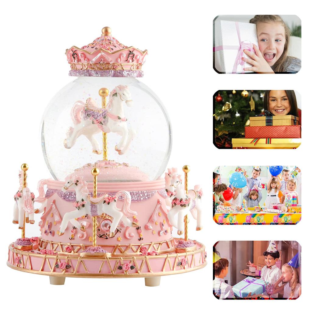 Snow globe music box with colored LED lights, merry-go-round, crystal ball, and automatic snowfall. Popular as a birthday or Christmas gift for girls,