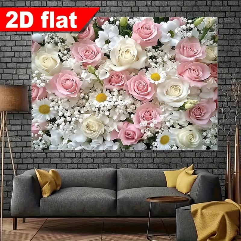 2D Pink & White Rose Flower Tapestry, Floral Wall Backdrop