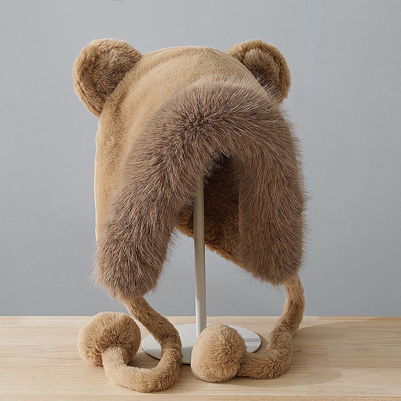 Warm Winter Hat Pompom Fluffy Skull Cap Stylish Bear Ears Hat  for Women