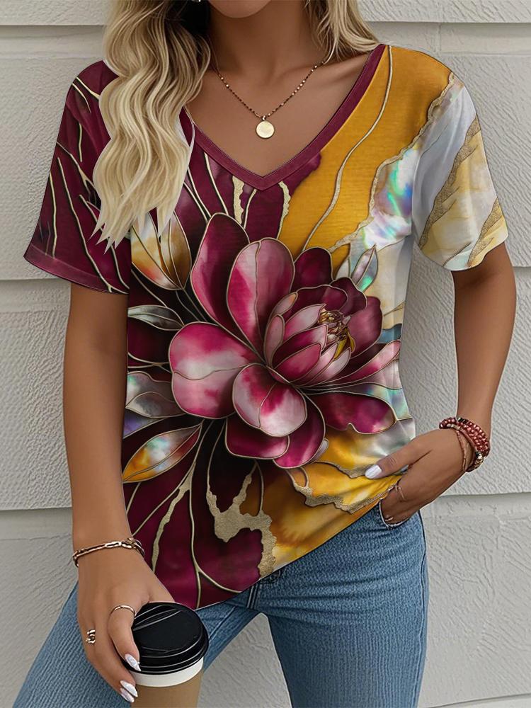 Flower Floral Painting 3D Print T-Shirts Women's V-Neck Short Sleeve T Shirt Y2K Oversized Tees Harajuku Tops Female Clothing
