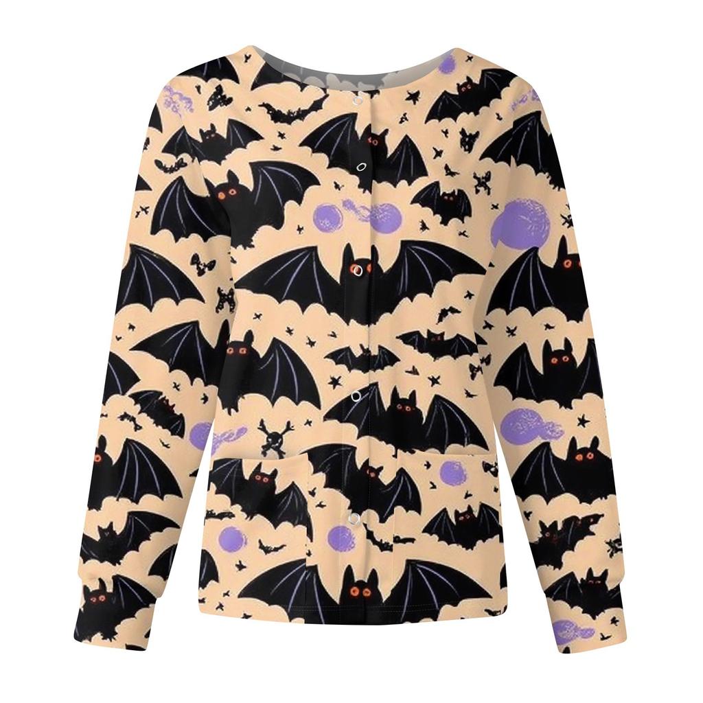 Women's Casual Fashion Long Sleeve Standing Collar Single Breasted Halloween Printed Workwear Jacket Tops