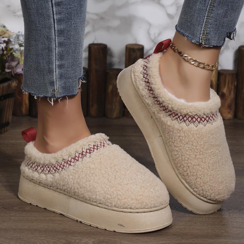 Thick Soles Wear Winter Headscarf Half Slippers, New Ethnic Style Lace Wool Semi-support Snow Cotton Slippers