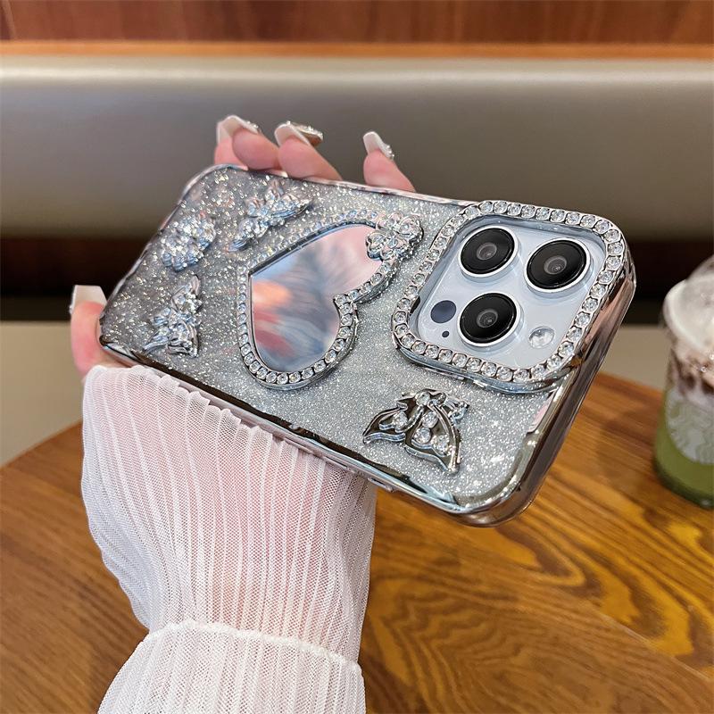Electroplating love mirror iPhone16promax mobile phone case rhinestone Apple 15 for 14 glitter 13 Pro New
