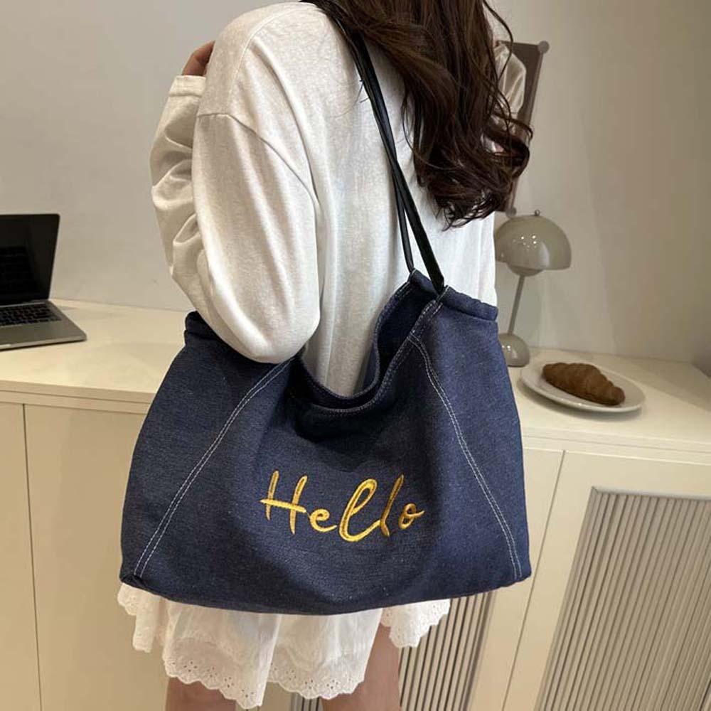 Korean Style Denim Blue Tote Bag Portable Large Capacity Underarm Bag  Travel