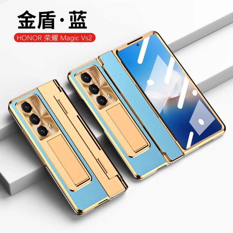 Premium Full Coverage PC Case Honor Magic V2 Foldable Phone Electroplated Vegan Leather Shockproof Anti-Fingerprint