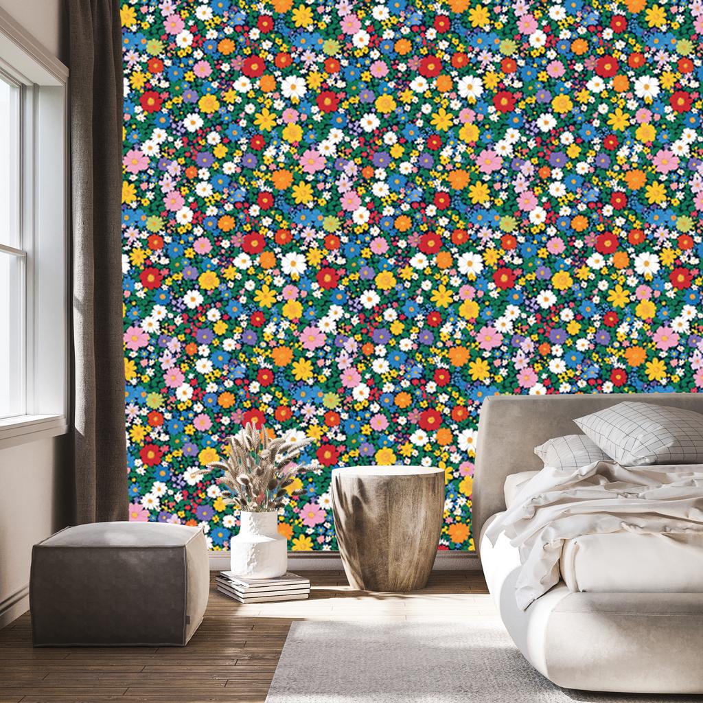 Wallpaper with Small Sea Flowers, Blue and Turquoise for the Living Room and Bedroom 50x1000