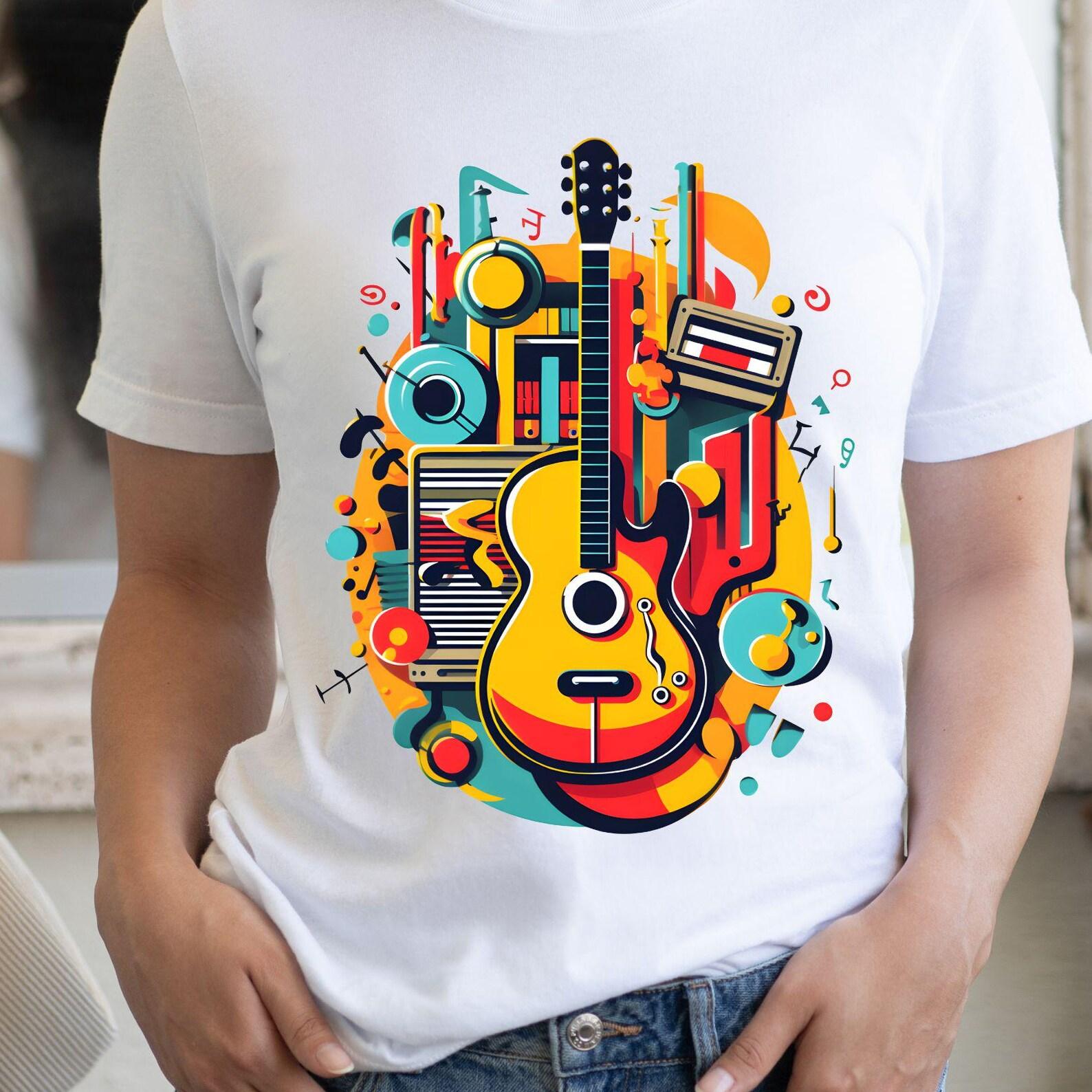 Colorful Guitar Music Montage T-Shirt | Acoustic Guitar Graphic Tee, 9 colors 3XL