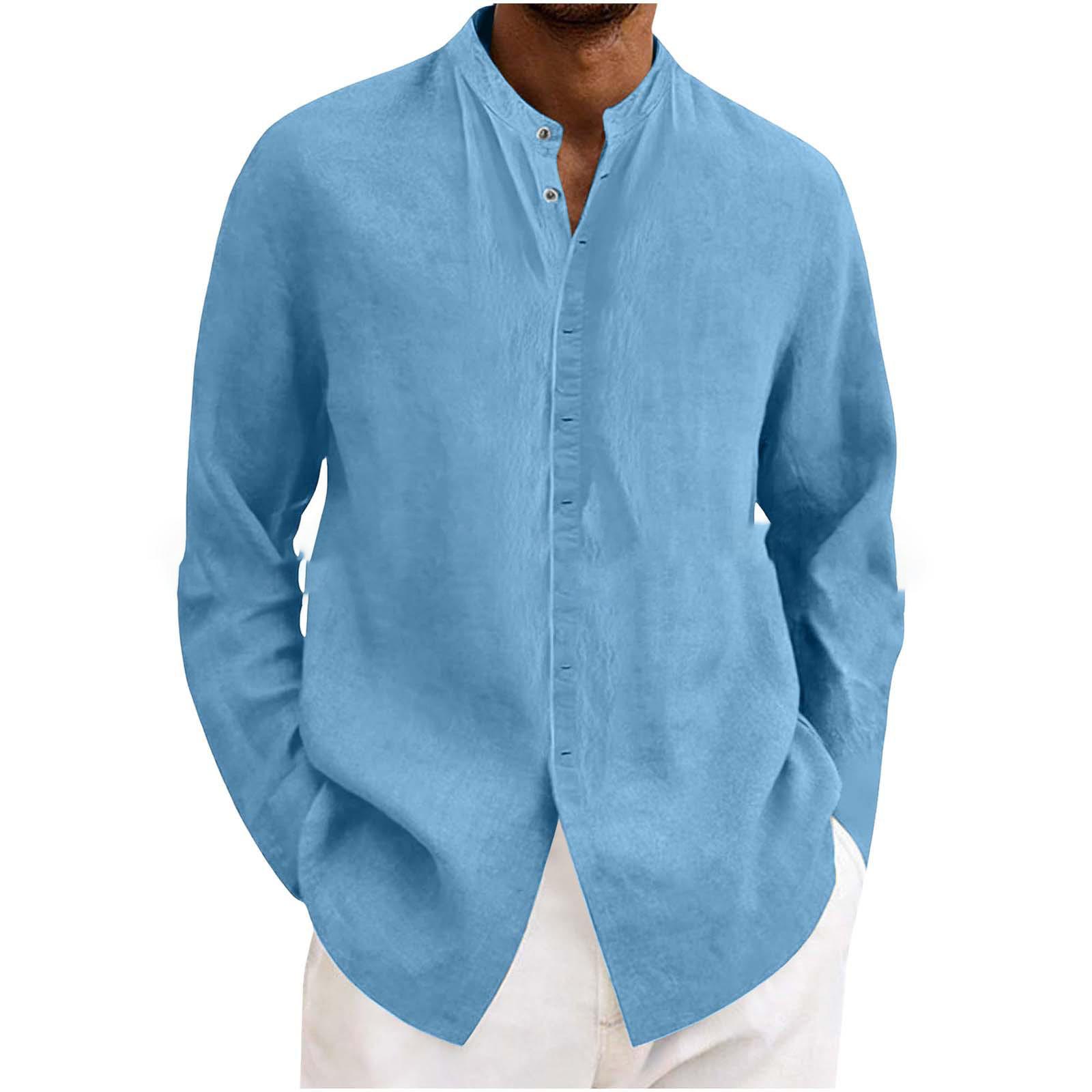 

Men s Color Casual Cotton Linen Cardigan, Button-down Short-sleeved Stand-collar Shirt M