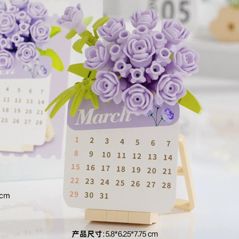 Latest Diy Calendare Time Date Flower Rose Sunflower Phalaenopsis Plum Blossom Construction Blocks Kit  Blocks Model Kids Plaything Gift