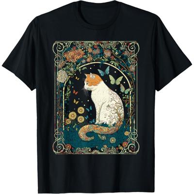 Uroczy T-shirt Damski Kot w Ogrodzie Motyli Estetyka Cottagecore