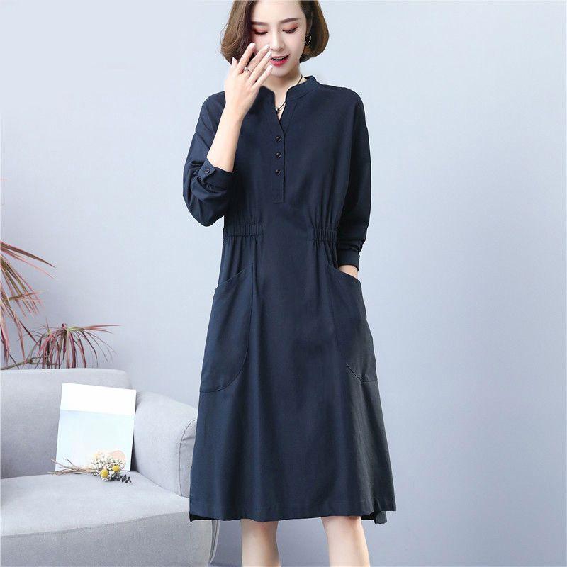 

Очаровательное платье с длинными рукавами для женщин, свободного кроя и утягивающим живот 5XL темно-синий