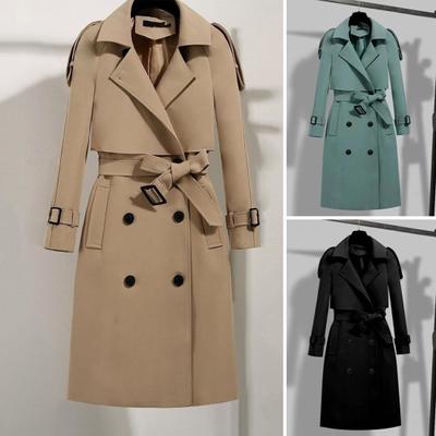 Women Coat Autumn Winter Belted Turn-down Collar Elegant Solid Color Dual Pocket Long Sleeves Thick Warm Mid-long Office Ladies Female Jacket Outwear