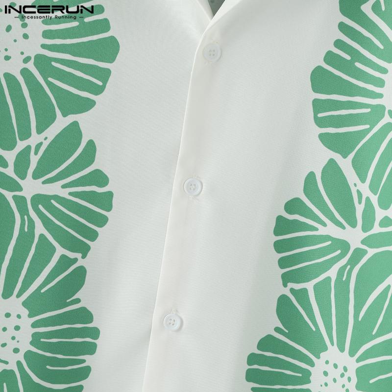 INCERUN Men Lapel Neck Short Sleeve Print Stitching Casual Loose Shirts