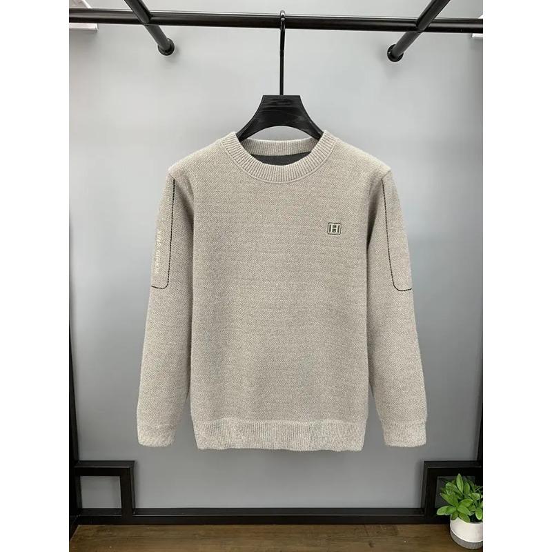 Winter Men's Warm Fleece Sweater O-Neck Embroidered Casual Knitted Inner Lap Pullovers Thick Thermal Underwear Sweater
