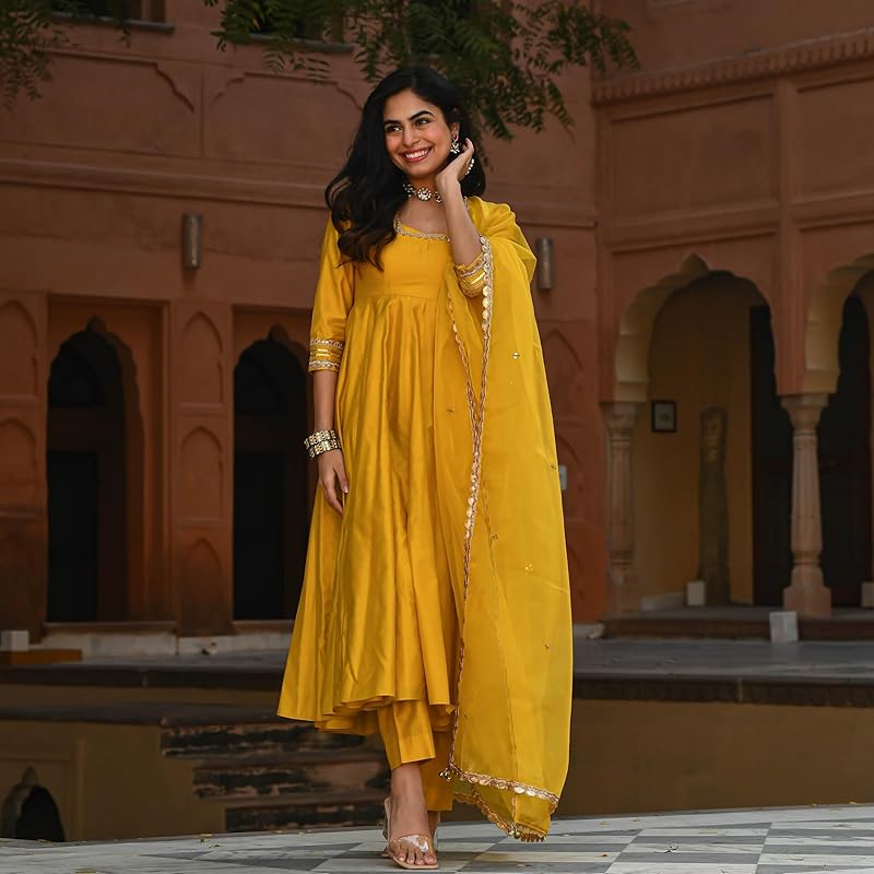 GoSriKi Women s Rayon Blend Anarkali Solid Kurta with Pant & Dupatta (SITAPATI Yellow-GS_M_Yellow_Medium) M жёлтый