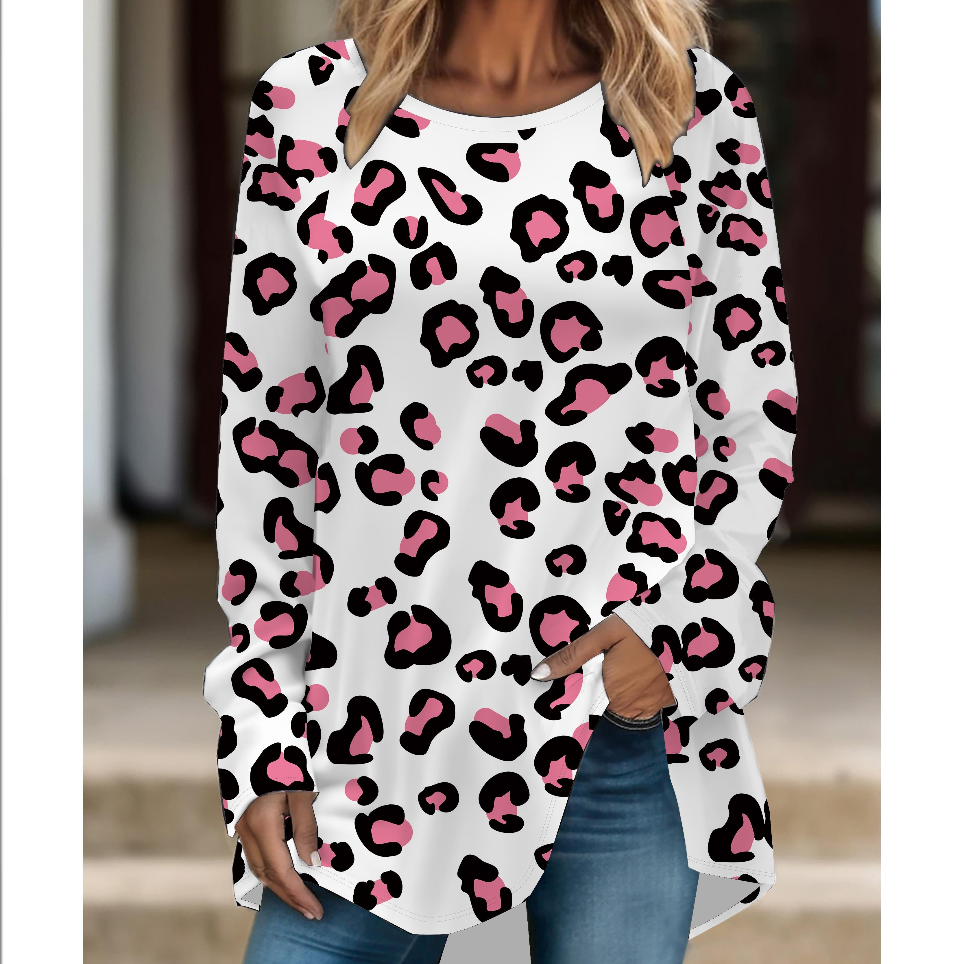 

Женская модная футболка большого размера с леопардовым принтом, удобная, с длинным рукавом и круглым вырезом, повседневная, свободного кроя, средней длины 1XL розовый