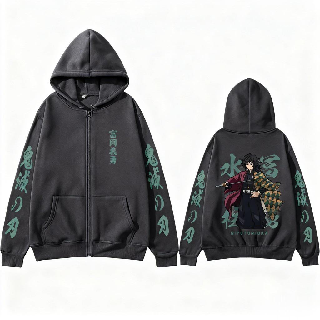 Demon Slayer Tomioka Anime Hoodie Zip Up Graphic Hooded Jacket Streetwear Autumn Sweatshirt Pullover Long Sleeve Top