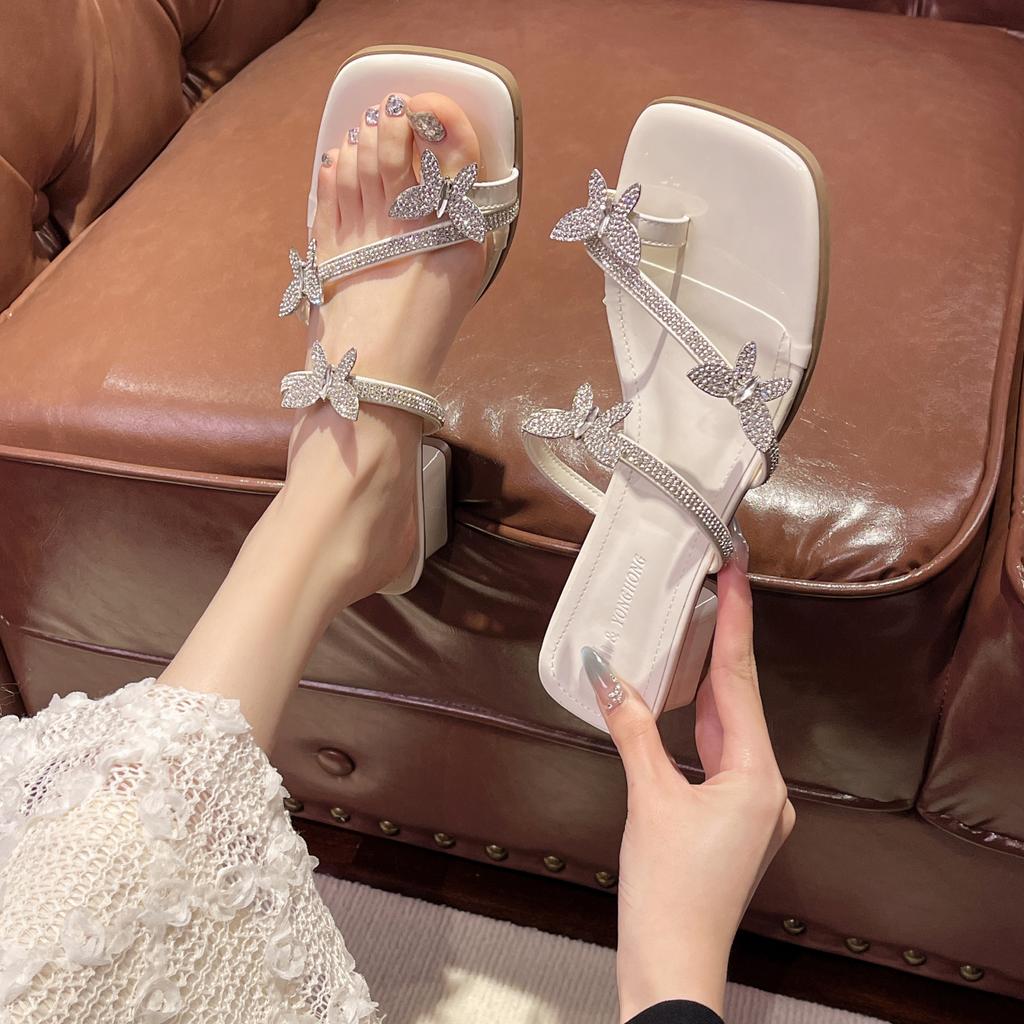 Fairy Style Toe Wear High-heeled Sandals Women's High-end Rhinestone Butterfly Decoration Lightweight with Skirt Flip-flops
