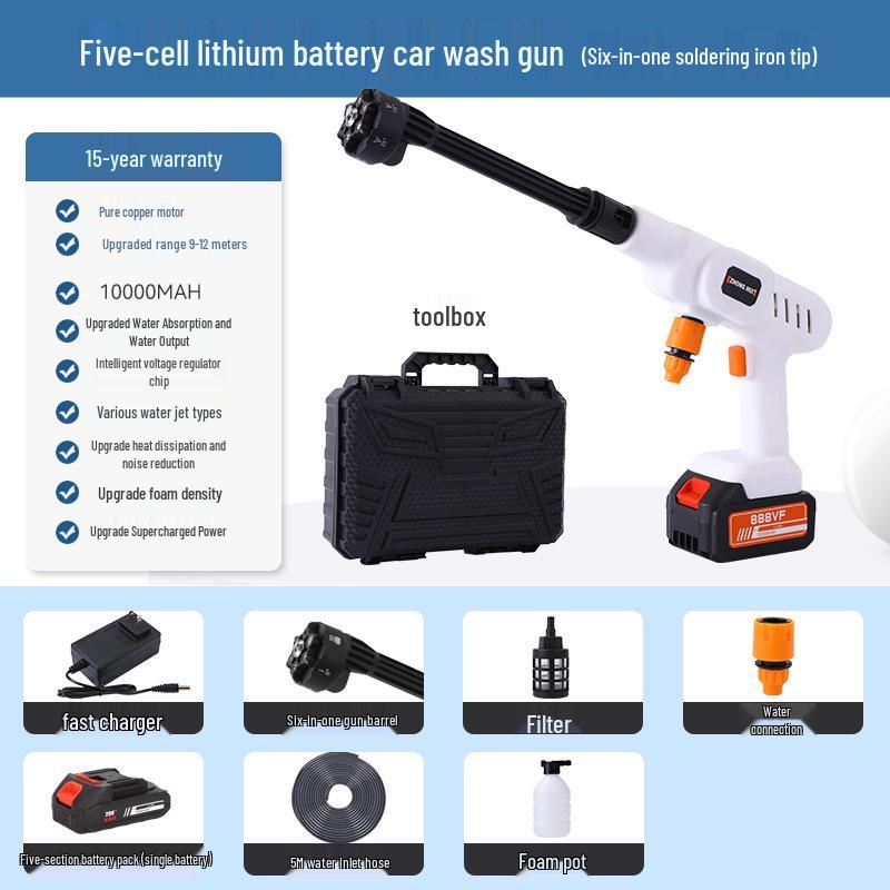 Portable Wireless Lithium Battery Car Washer: 10-Setting High-Pressure Water Gun with Six-in-One Head