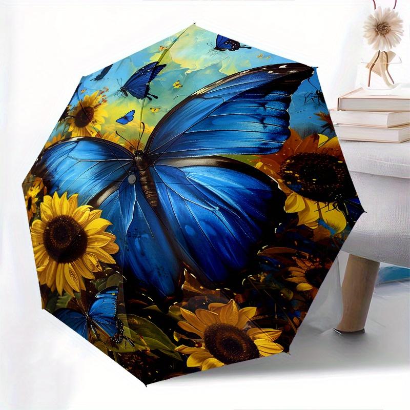 Butterfly Sunflower Theme 8 Bone Hand Automatic Folding Umbrella, Compact and Portable Design, A Perfect Gift for Birthday, Christmas or Bus
