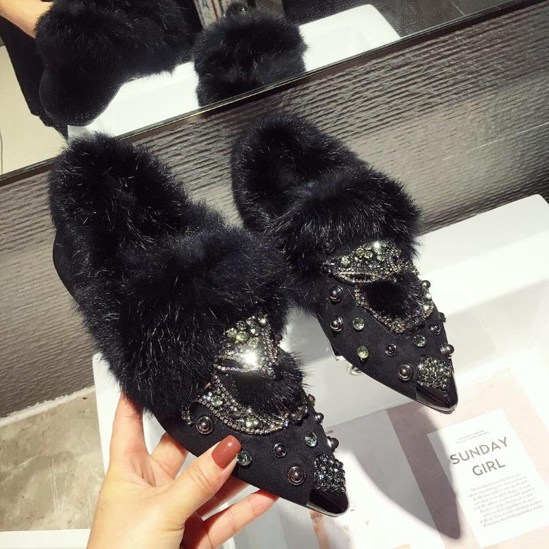 Winter Trend Rivet Fox Head Women Fluffy Single Shoes Women Pointed Belt Drill Wear Thermal Cotton Shoes Snow Boots Zapatos Muje