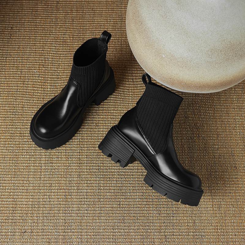 Krazing Pot Microfiber Autumn Winter Shoes Thick High Heels Thick Bottom Size 43 Motorcycle Boots Stretch Knitwear Ankle Boots