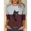 Color Block Printed Long Sleeved Casual Daily Basic Retro Round Neck 3D Cat Printed Women's T-shirts - Soft Medium Stretch Relaxed Fit Clothing
