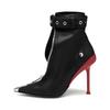 Women Red Pointed Toe High Heel Ankle Boots Metal Decoration Front Zipper Belt Buckle Fashion Short Boots For Autumn Winter