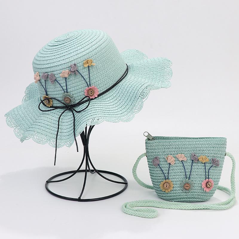 

Korean-Style Kids Floral Straw Hat & Bag Set - Sun Protection Beach Hat One Size