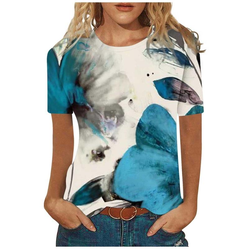 

Женская летняя элегантная футболка с круглым вырезом, дышащая, с коротким рукавом, с узором «бабочка», свободная повседневная женская футболка 8XL