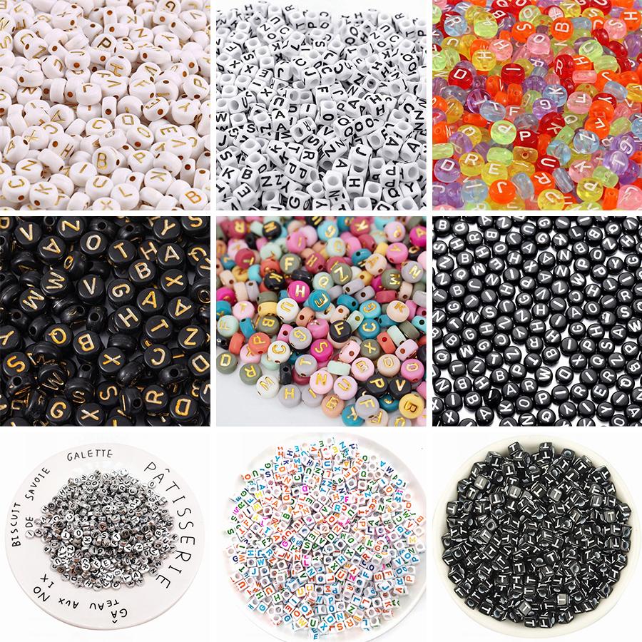 100pcs Round Square English Letter Beads DIY Bracelet Necklace Jewelry Accessory Acrylic Loose Bead String Black White Crafts