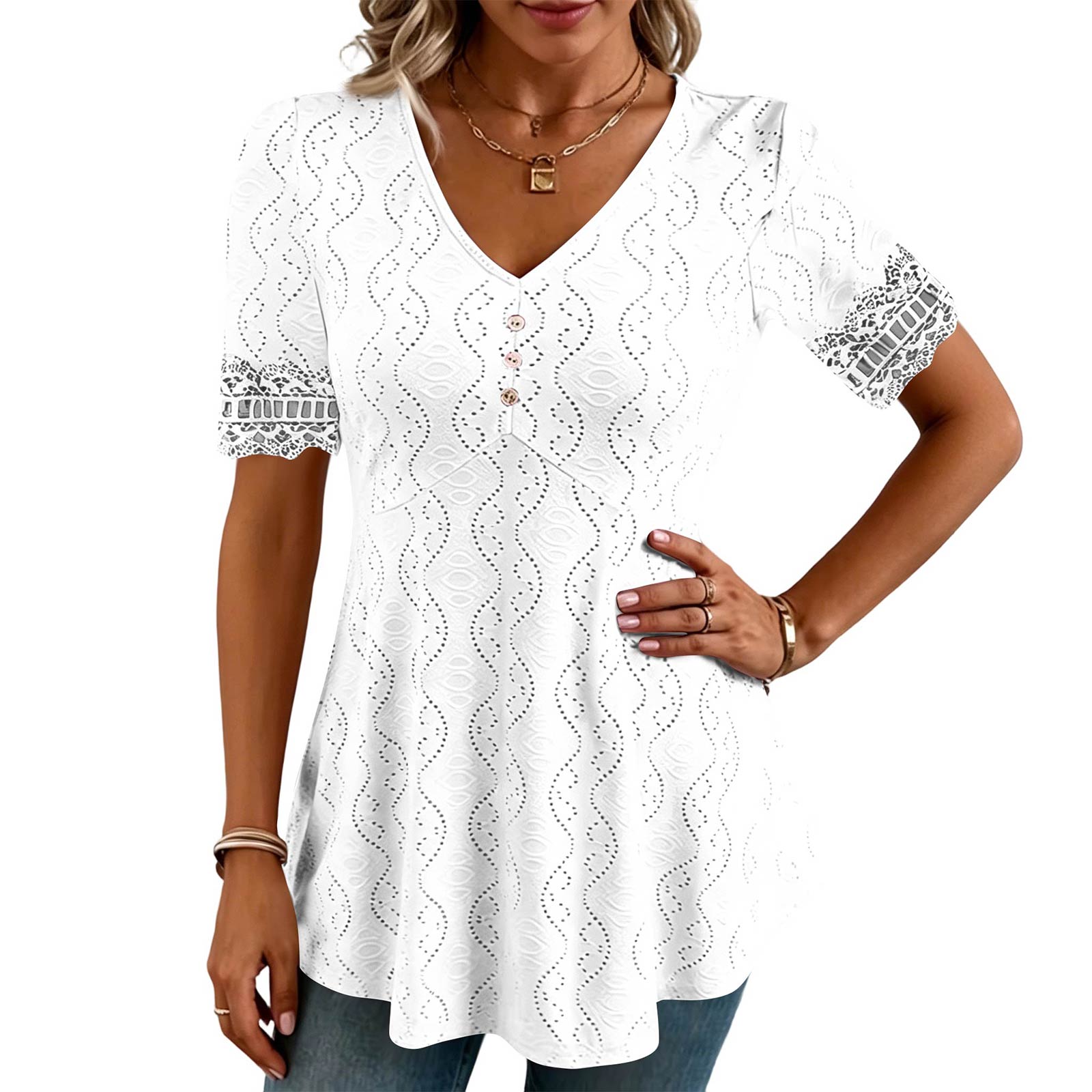 Women s Color V-neck Hollow Lace Fashionable Short Sleeved Top S белый