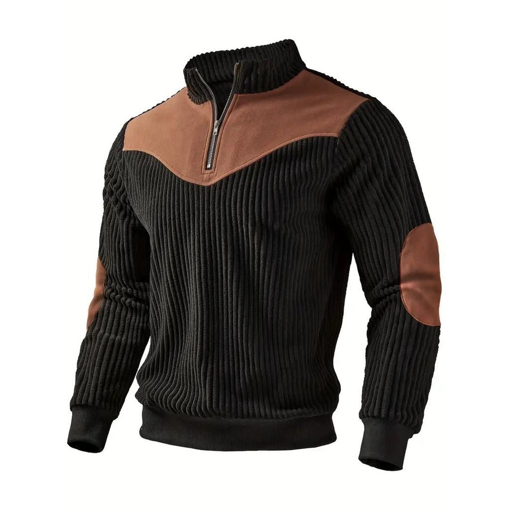 Vintage Patchwork Corduroy Sweatshirt for Men Stand Collar Casual Loose Pullover Half Zipper Hoodie Man