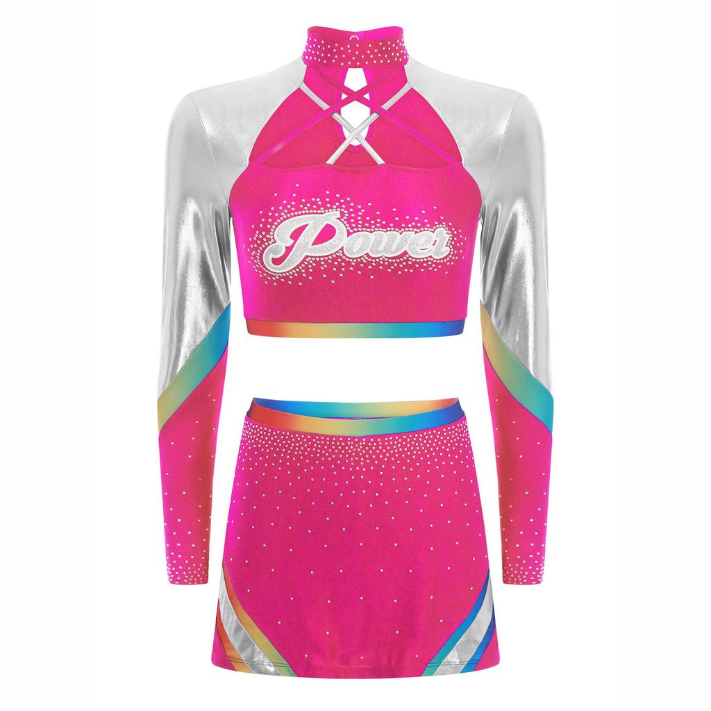 Dámská roztleskávačská uniforma Dvoudílný set Crop top s dlouhým rukávem a kříženými ramínky Taneční sukně Kamínkový výkonnostní outfit