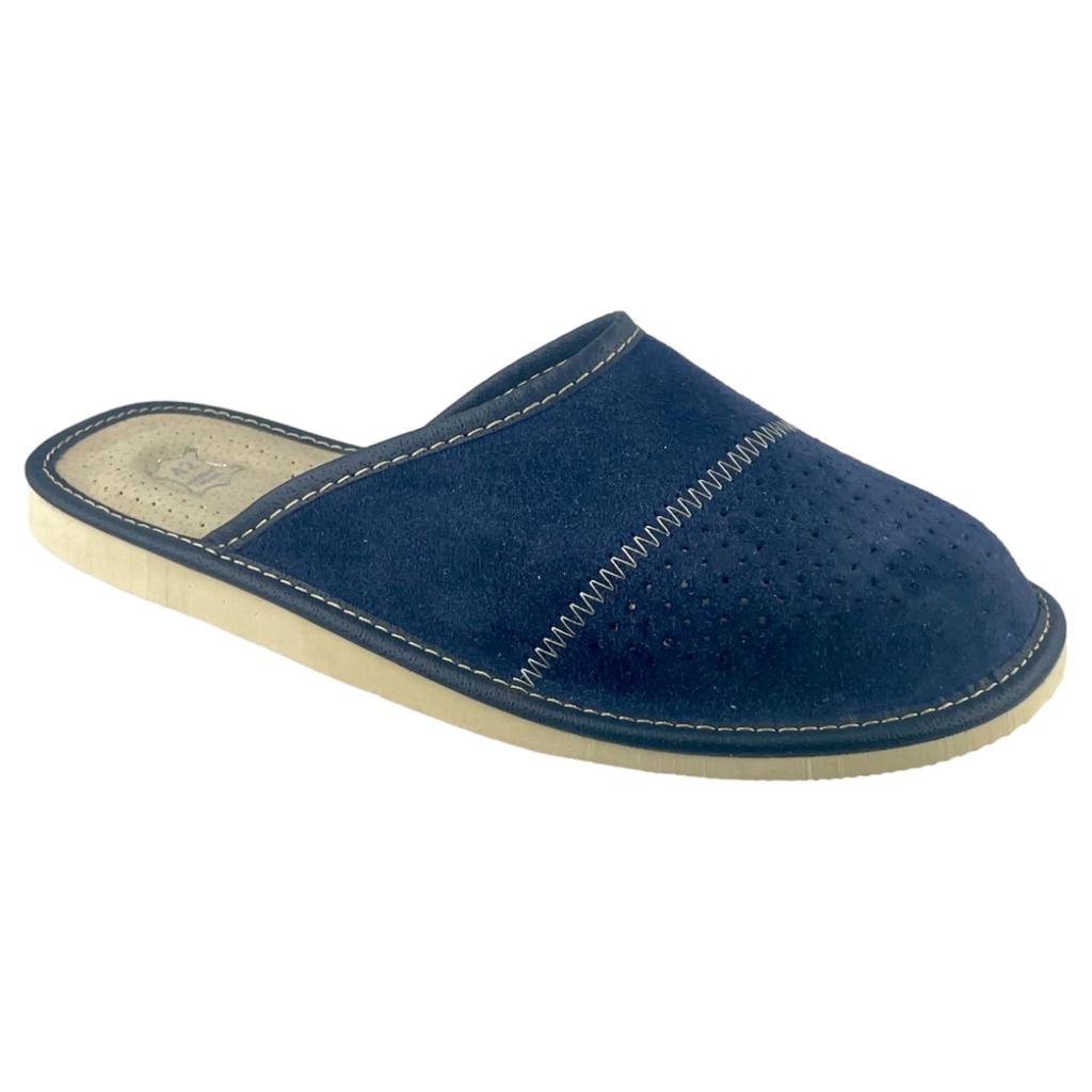 Navy Blue Suede Men's Slippers, Velvet Men's Leather Slippers 44