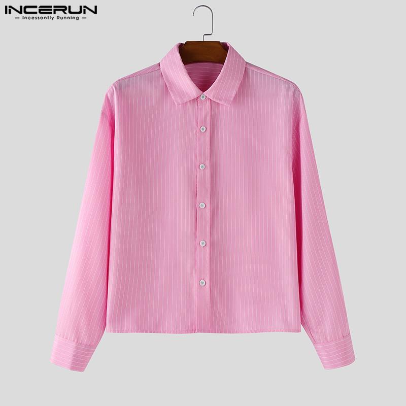 INCERUN Plus Size Men Spring Turn Down Collar Long Sleeve Striped Shirts Casual Tops