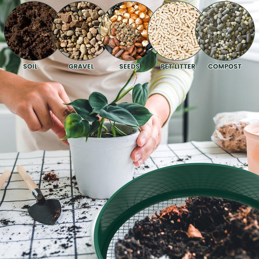 Soil Sifter 11.8inch Portable Metal Garden Sieve with 4 Interchangeable Filter Mesh Sizes 3/6/9/12mm Multifunctional Dirt Sifter