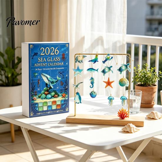 Christmas Countdown Calendar Sea Life Advent 2026, 2D Box with Blue Ocean Color Scheme Animal Acrylic Pendants, Festive Tree Hanging Decor,