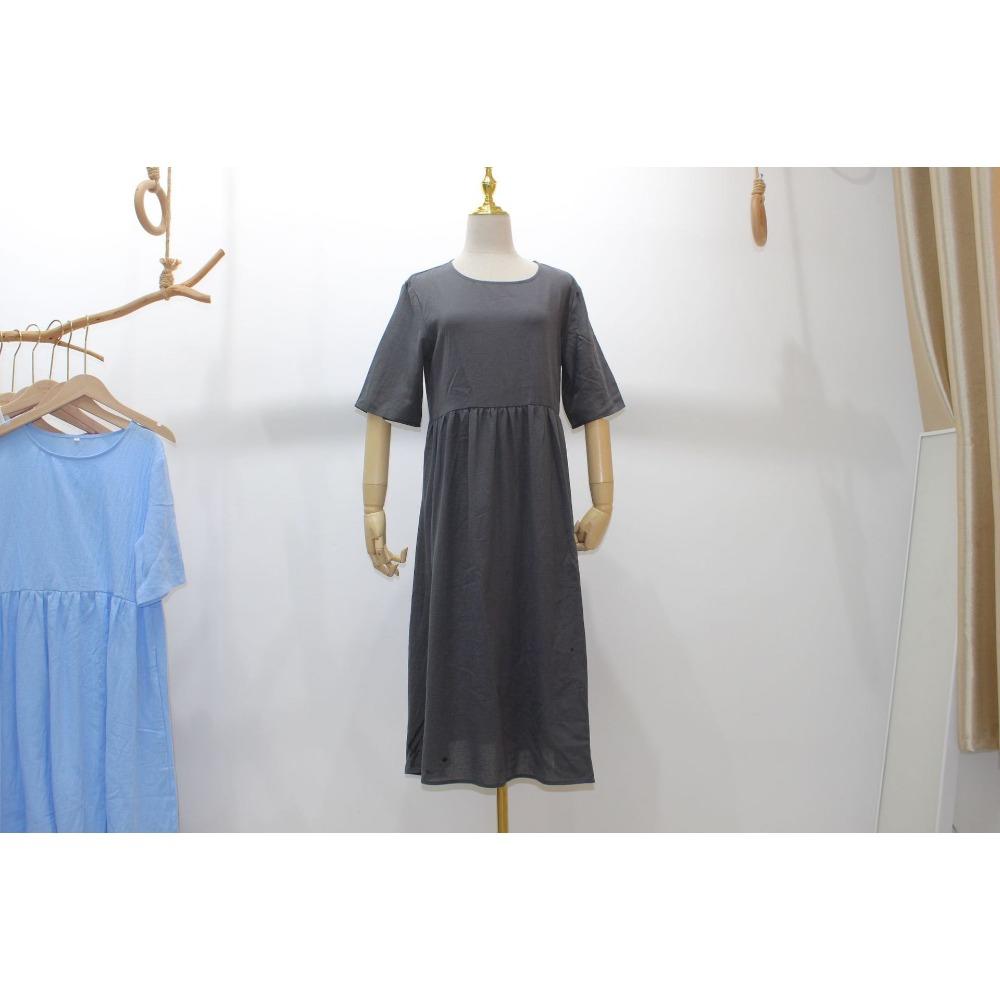 Spring and Summer Round Neck Casual Loose Solid Color Dress