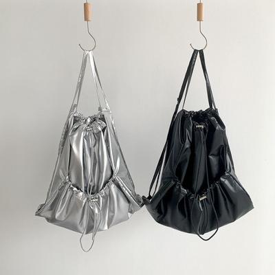 New Silver Backpack Female Student Class Shoulder Bag Large Capacity Pull Rope Pleated Design Backpack Female