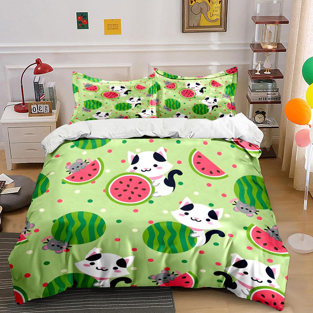 Adorable Cats And Watermelon Set  Kid'S And Adults' Bedroom Decor, Exquisite Three-Piece Bedding Set Gift