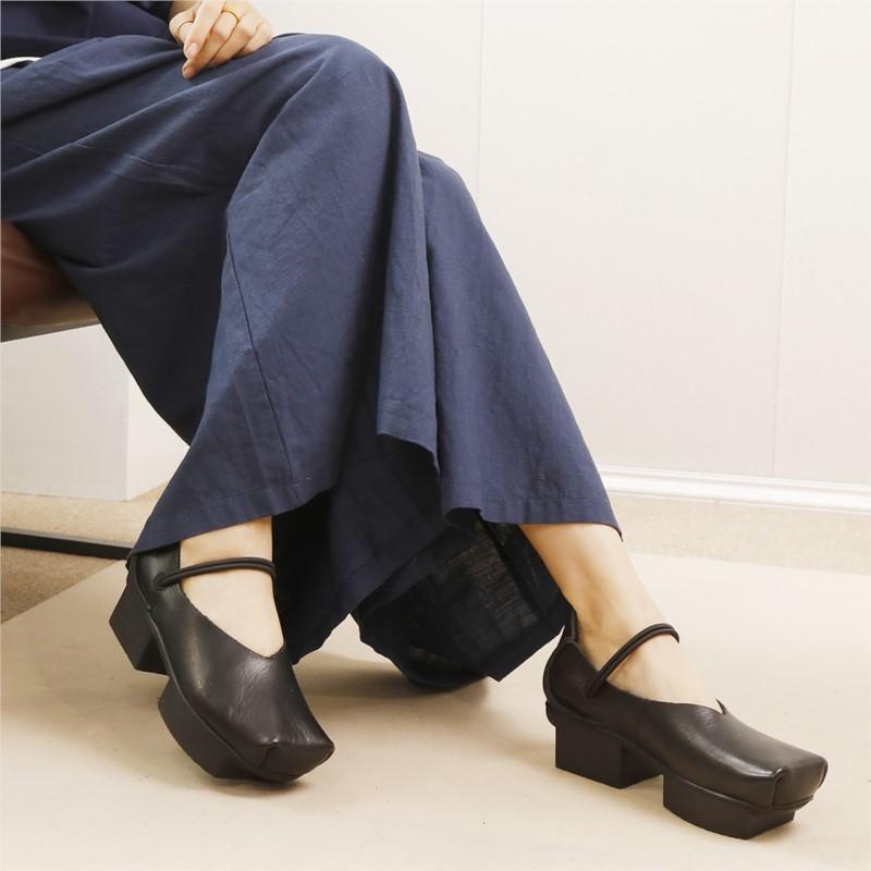 Johnature Vintage ekte kuskinn firkantet tå damesko Allsidig ekte skinn pumper med mellomhæl