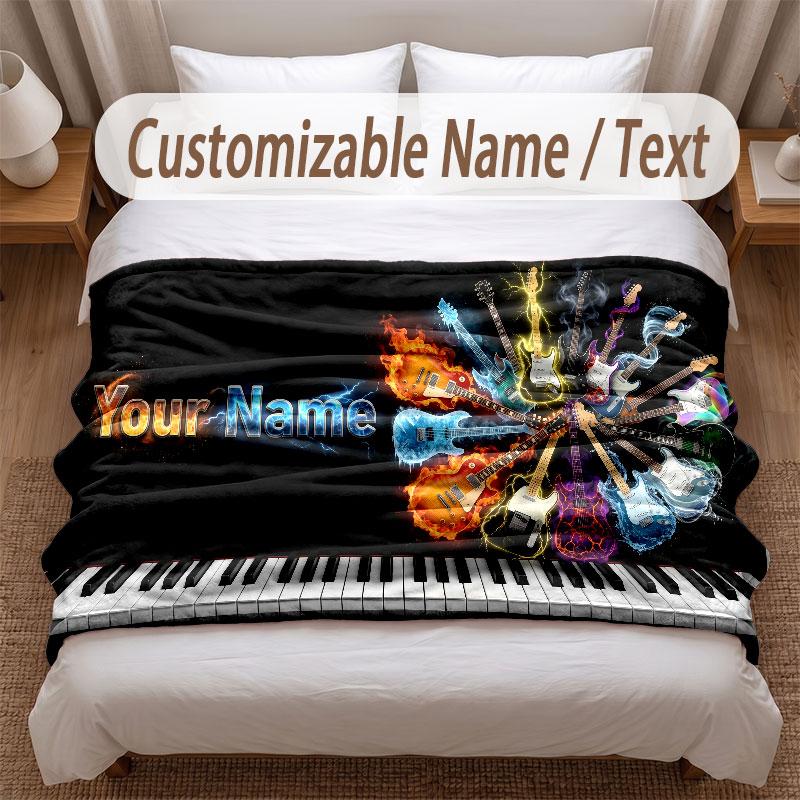 Music Theme Soft Blanket Personalized Custom Name Text Print Warm Blanket Home Sofa Bedroom Decor