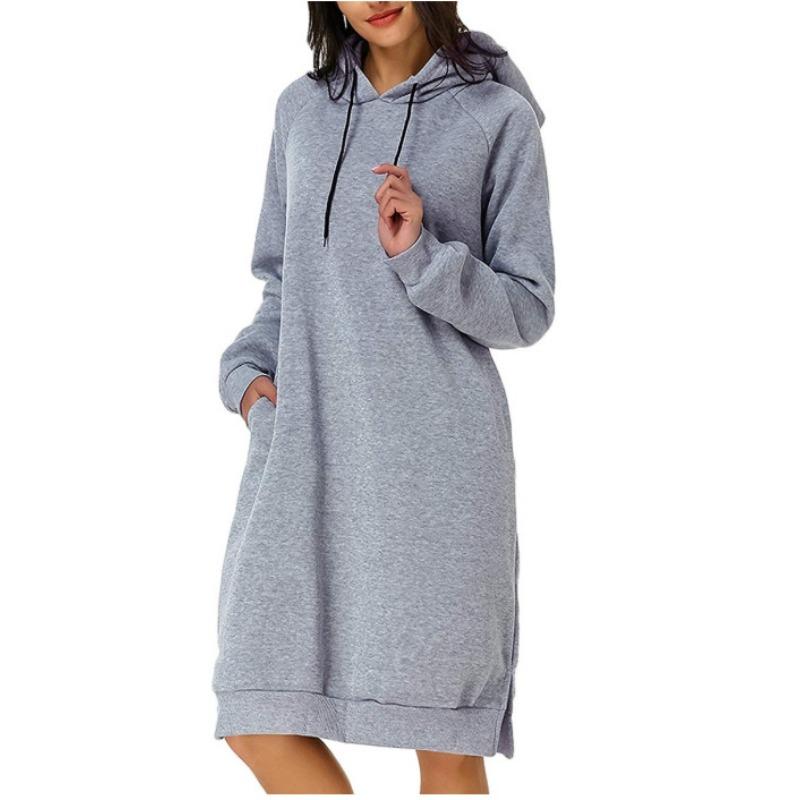 GMXIA Autumn and Winter Hooded Pocket Dress Bottom Shirt Mid-Length Sweatshirt Women's Clothing