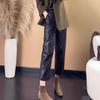 Women's Velvet PU Leather High Waist Straight Leg Pants - Black, Slimming, Petite Fit, Nine-Tenth Length, Autumn/Winter 2025 Collection