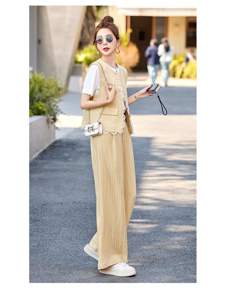 Summer 2025 Women's Age-Defying Three-Piece Set: Stylish Vest, Base Shirt, Wide-Leg Pants - RX9228