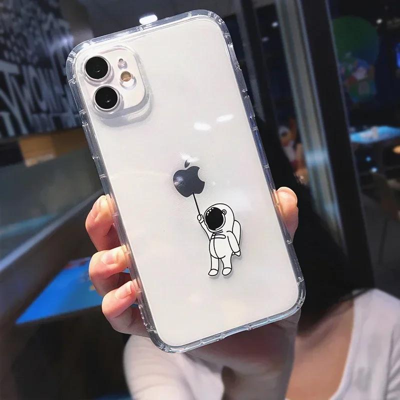 Funda de Teléfono Divertida de Dibujos Animados de Astronauta para iPhone 16 15 14 13 12 11 Pro Max Mini X XS XR 7 8 Plus Transparente Suave a Prueba de Golpes