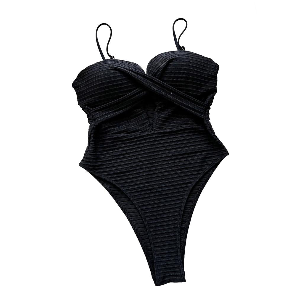 Women Swimsuit Crisscross Front Cutout Ruched Fabric Adjustable Spaghetti Strap Bathing Suit