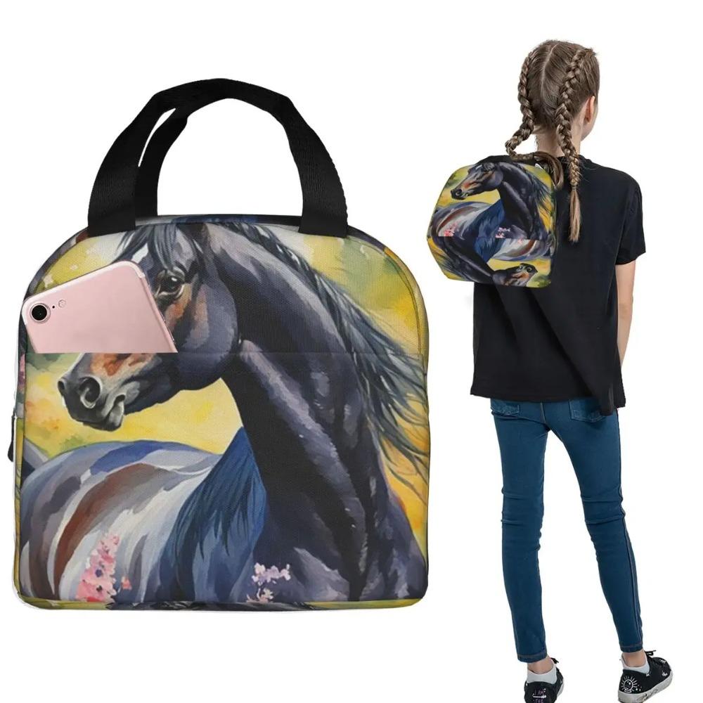 Enchanted Black Horse In Flowers Print Insulated Lunch Bag for Women Children Portable Food Boxes Thermal Lunch Box Tote